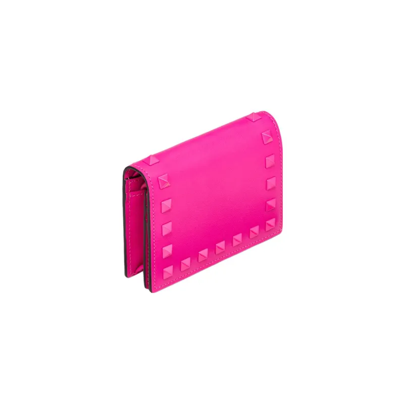 Valentino Rockstud Grained Calfskin Wallet Clutch Small Size Women's Pink-1