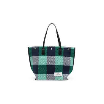 LONGCHAMP Roseau Essential Cotton Tote Bag, Shopping Bag, One Shoulder Handbag Large Size Women's Marine & Green