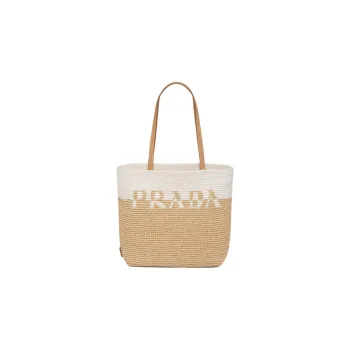 PRADA Raffia Tote Bag Shopping Bag Handbag Women's Tan/White