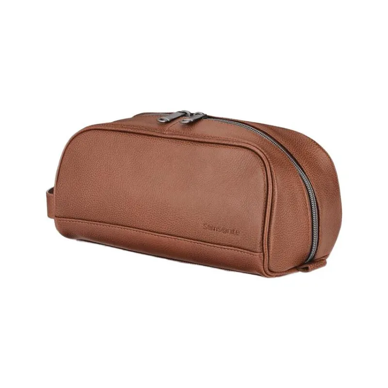 SAMSONITE Grained Leather Handheld Makeup Bag Toiletry Bag Unisex Cognac-1