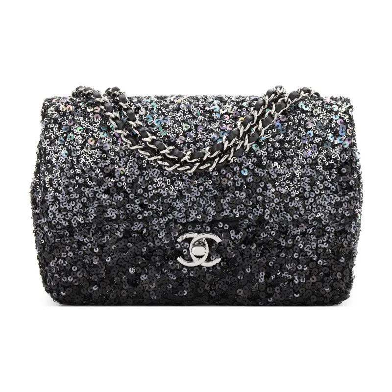 CHANEL Classic Flap CF Leather With Sequins Flap Bag, Crossbody Bag, Shoulder Bag Women's Black Sequins-0
