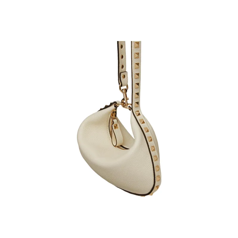 Valentino Rockstud Grained Calfskin HOBO Bag Handbags Shoulder Bags Women's Ivory White-5
