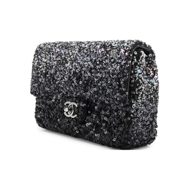 CHANEL Classic Flap CF Leather With Sequins Flap Bag, Crossbody Bag, Shoulder Bag Women's Black Sequins-1
