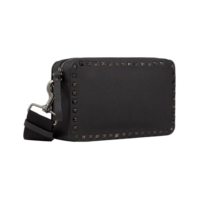 Valentino Rockstud Shiny Calfskin Small Square Bag Shoulder Bag Crossbody Bag Regular Men's Black-1