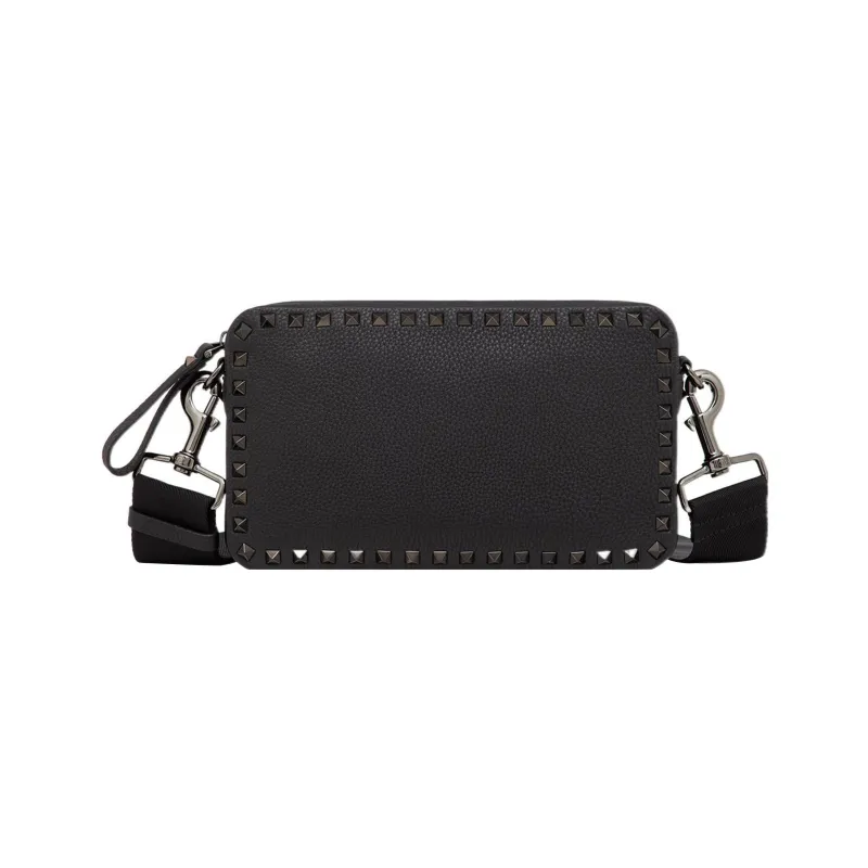 Valentino Rockstud Shiny Calfskin Small Square Bag Shoulder Bag Crossbody Bag Regular Men's Black-0
