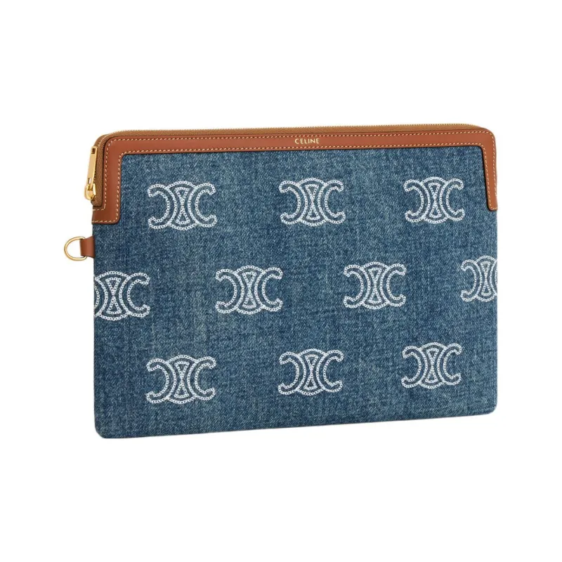 CELINE Triomphe Calfskin Denim Clutch Small Size Women's Marine Blue/Tan-2