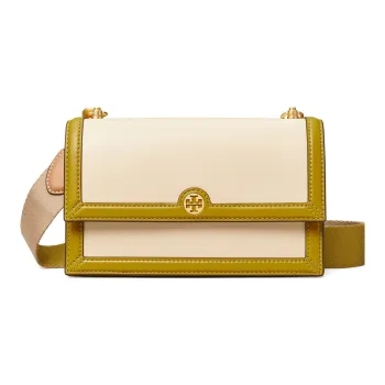 TORY BURCH Leather Envelope Bag Trunk Bag Crossbody Bag Shoulder Bag Women's Green & Cream White