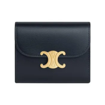 CELINE Triomphe Shiny Cow Leather Wallet Small Size Women's Dark Blue