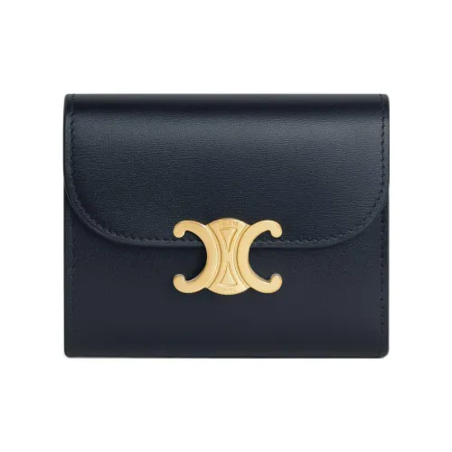 CELINE Triomphe Shiny Cow Leather Wallet Small Size Women's Dark Blue