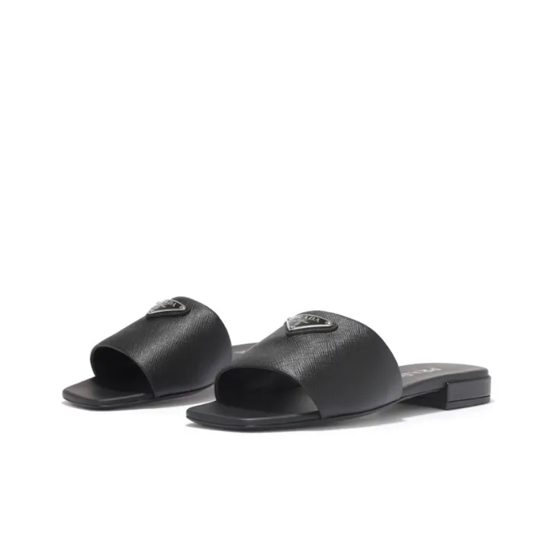 PRADA Logo Slide Sandals Black Saffiano Leather-1