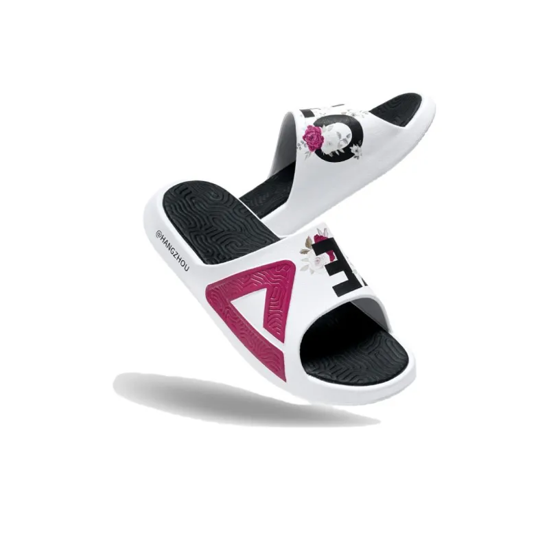 PEAK State Pole Guochuang Slippers Totem Graffiti Slip Resistant Slide Slippers Unisex All White Dark Red-4