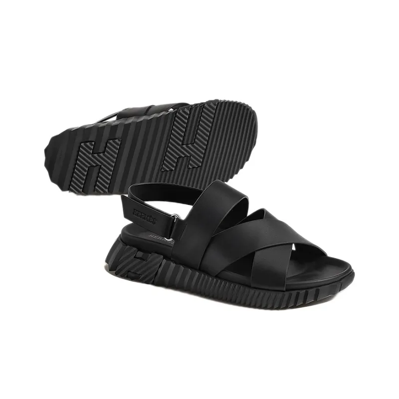 HERMES Electric Strap Sandals Men's Black-4