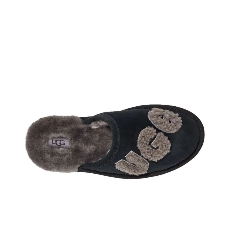 UGG Scuff Logo Sheepskin Stylish Sandals Men's Black-3