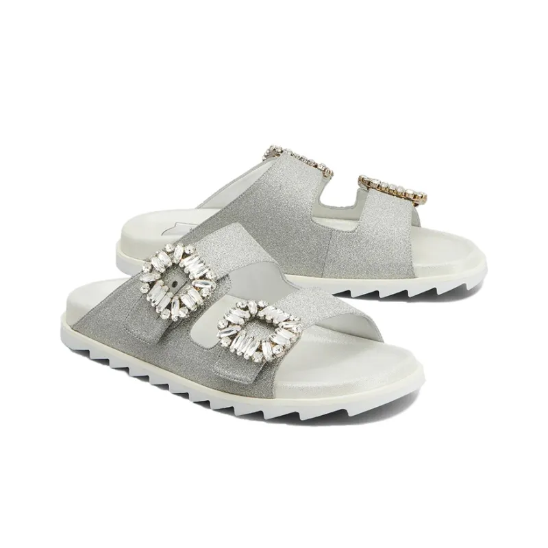 Roger Vivier Abrasion Resistant Slide Slippers Women's Silver Gray-2