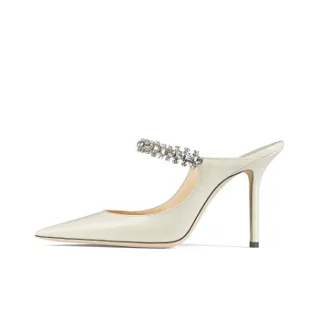 Jimmy Choo Linen White Bing 100 Crystal Anklet Patent Leather Mules