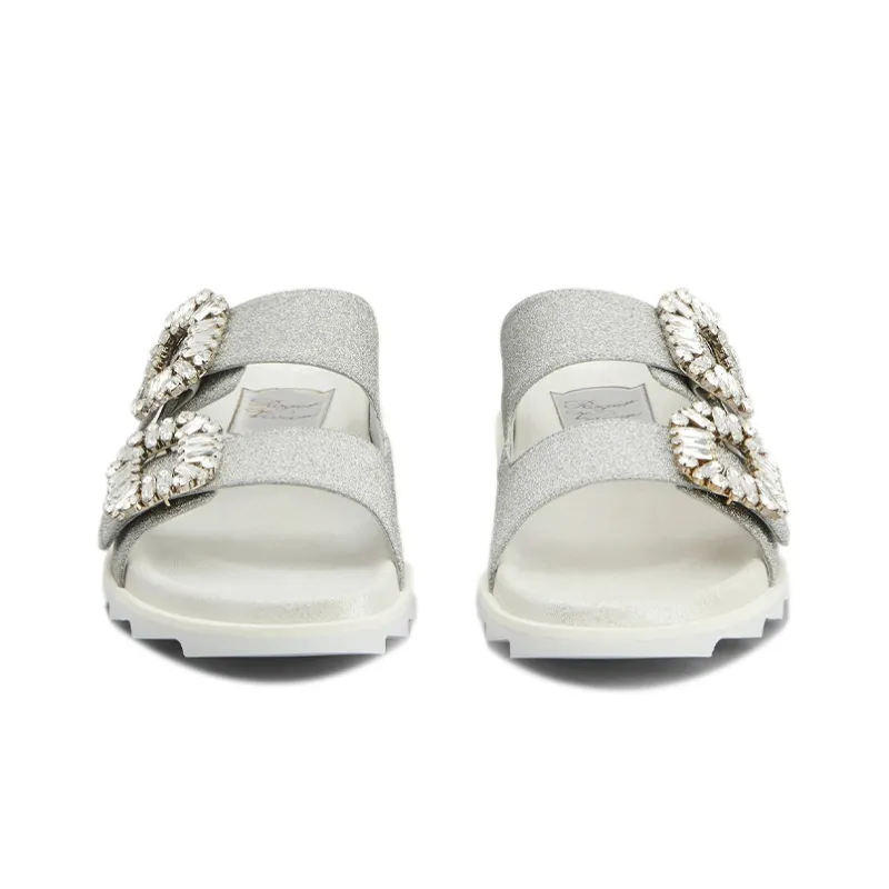 Roger Vivier Abrasion Resistant Slide Slippers Women's Silver Gray-3