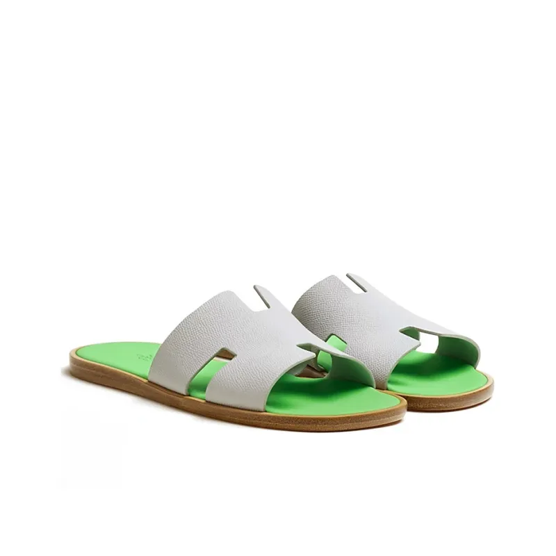 HERMES Izmir Sandal Gris Quartz Vert Fluo Epsom Calfskin Leather-2