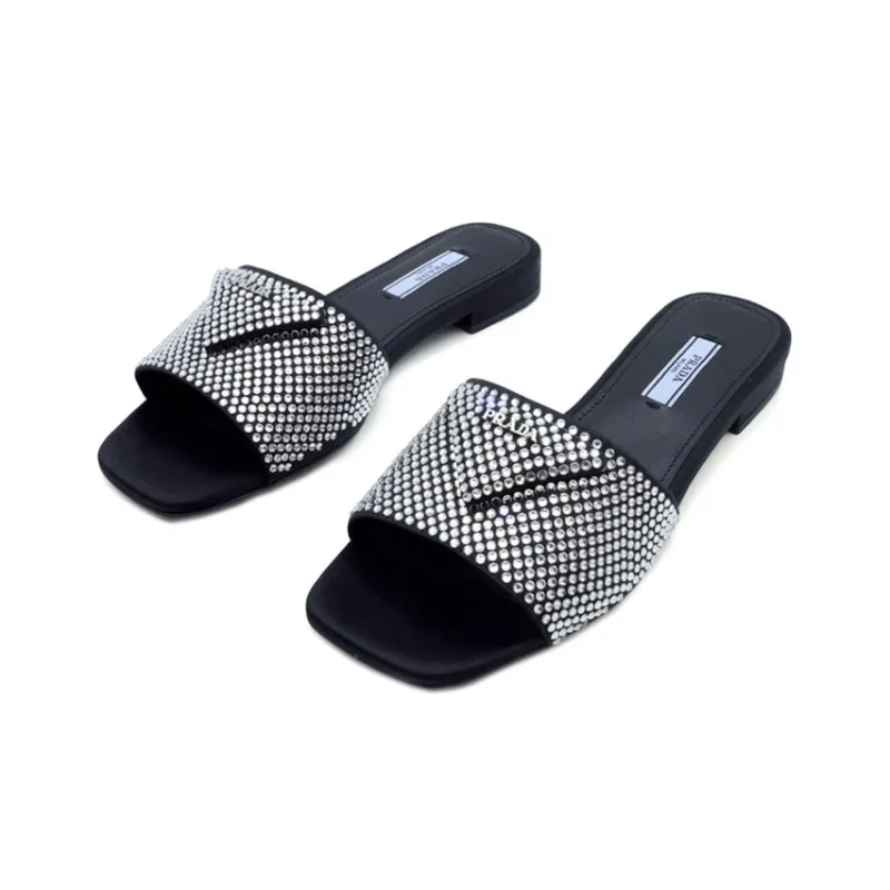 PRADA 10mm Crystal Slides Black Satin-1