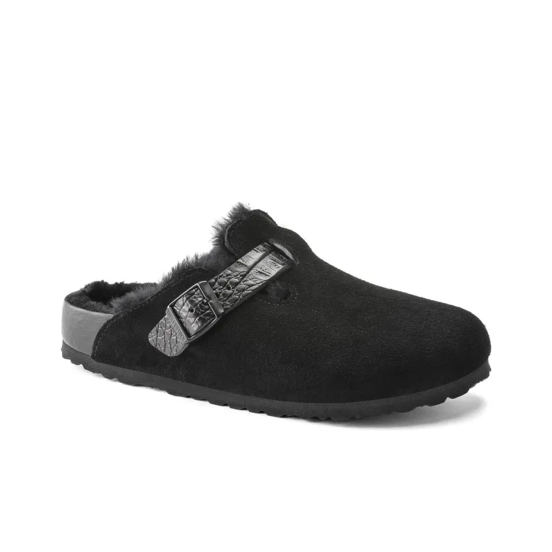 Birkenstock Boston Shearling Suede Reptile Embossed Strap Black-1