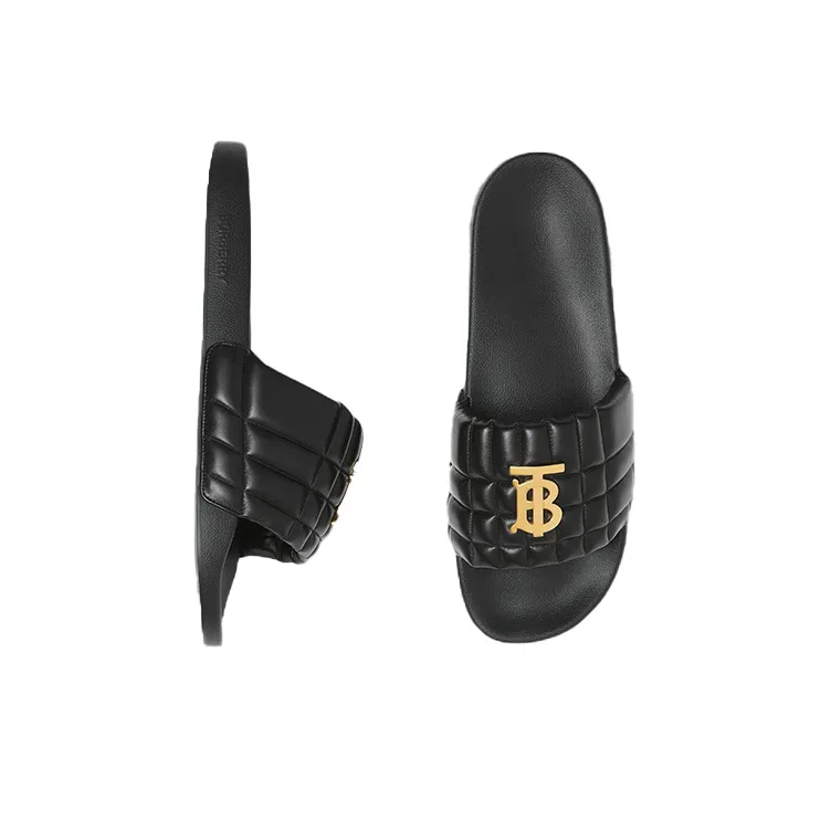 Burberry Monogram Motif Quilted Lambskin Slides Black Gold-tone-4