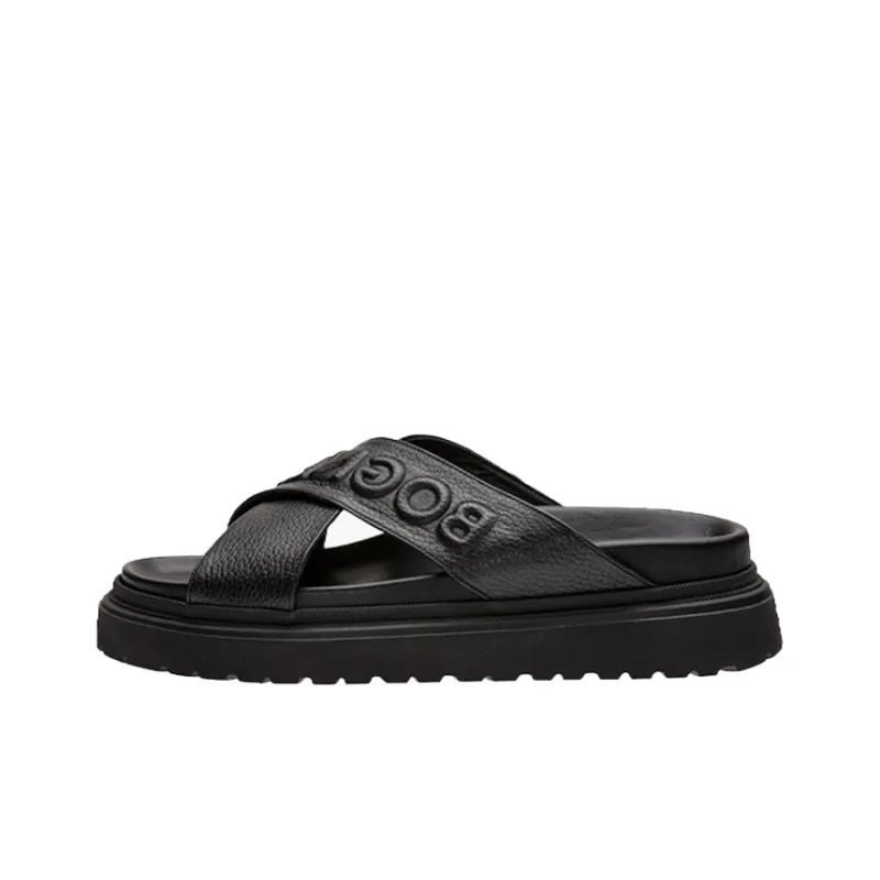 BOGNER Rubber Sole Leather Patchwork Slide Slippers Men's Black-0