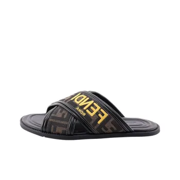 FENDI FF Motif Fabric Slide 'Embroidered Logo   Tobacco'