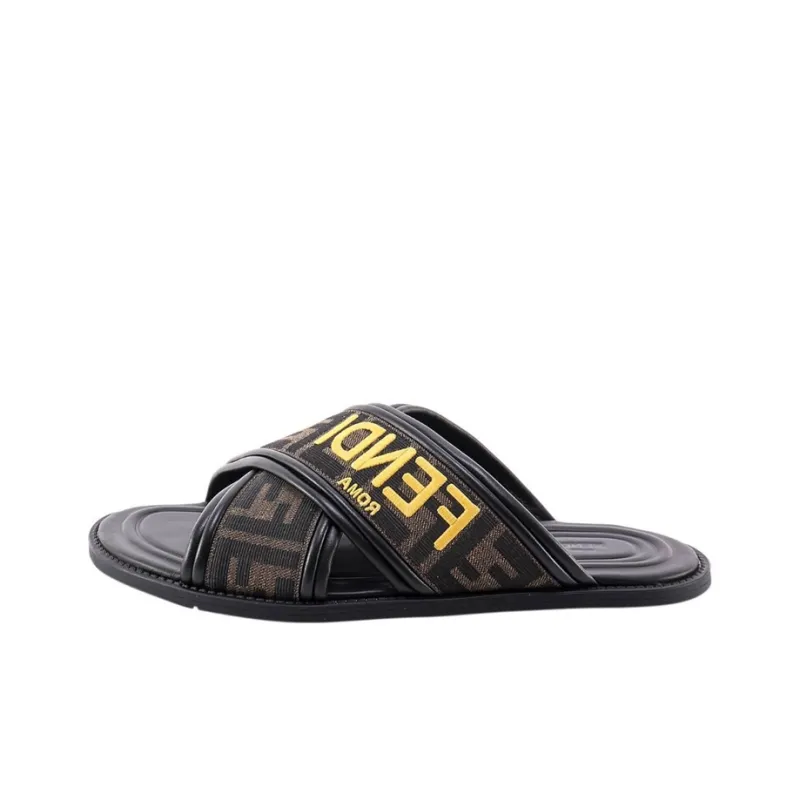FENDI FF Motif Fabric Slide 'Embroidered Logo - Tobacco'-0