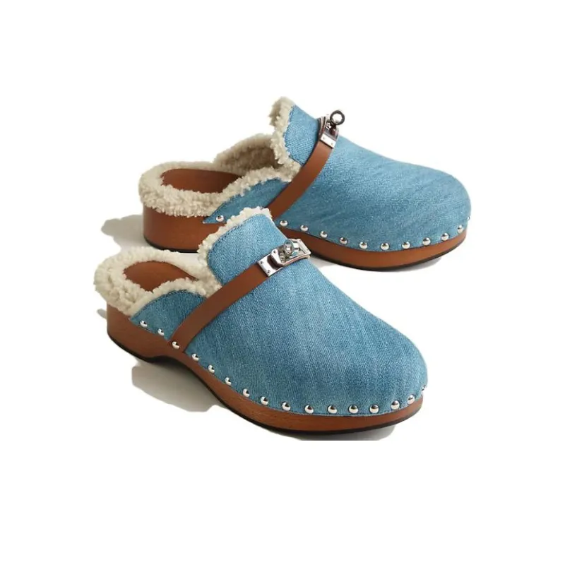 HERMES Carlotta Wrap-toe Slippers Women's Blue Claire-2
