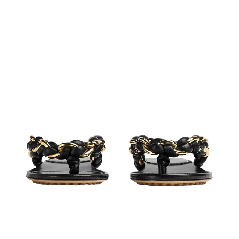 Bottega Veneta Dot Leather Patchwork Flip Flops Women's Black-2