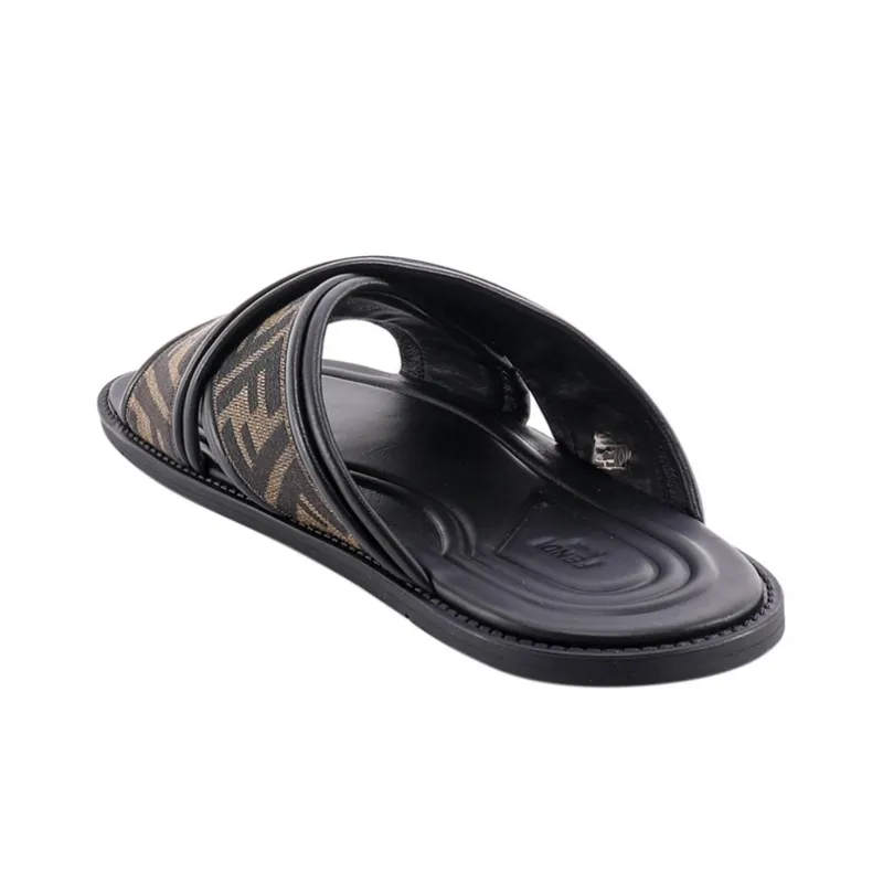 FENDI FF Motif Fabric Slide 'Embroidered Logo - Tobacco'-3