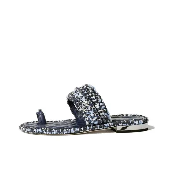 CHANEL Genuine Leather Sole Abrasion Resistant Slide Slippers Women's Blue Black