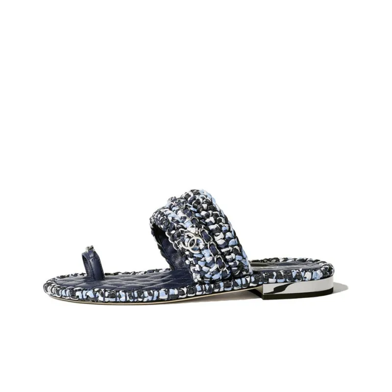 CHANEL Genuine Leather Sole Abrasion Resistant Slide Slippers Women's Blue Black-0