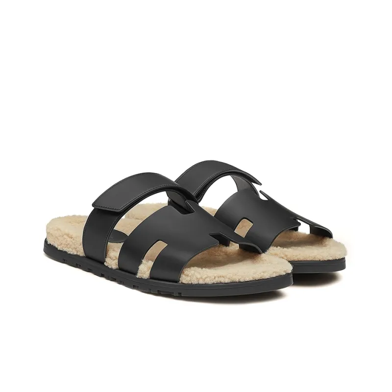 HERMES Chypre Sandal Noir Leather Woolskin M-2