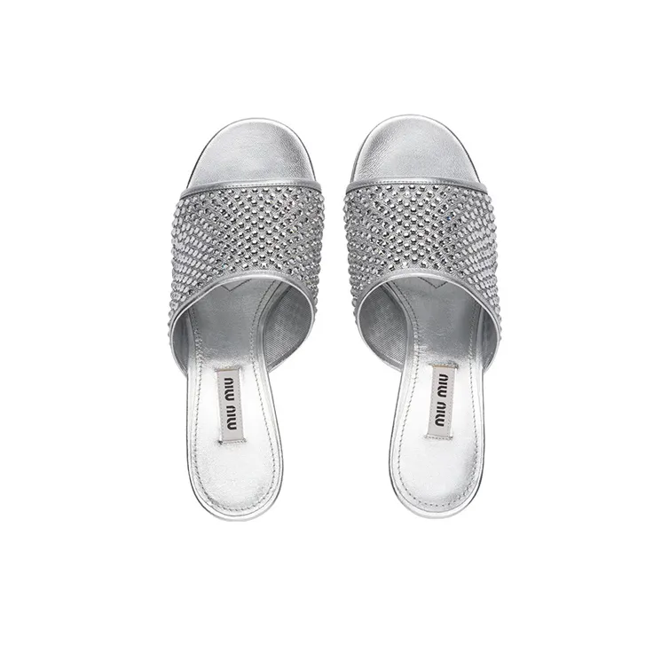 MIU MIU Abrasion Resistant Slide Slippers Women's Silver-4