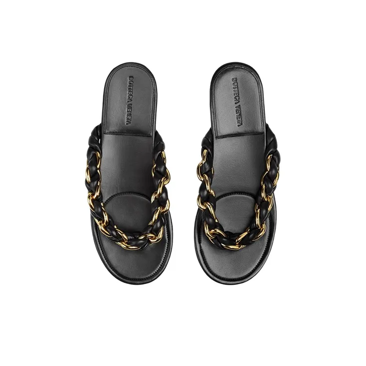 Bottega Veneta Dot Leather Patchwork Flip Flops Women's Black-3
