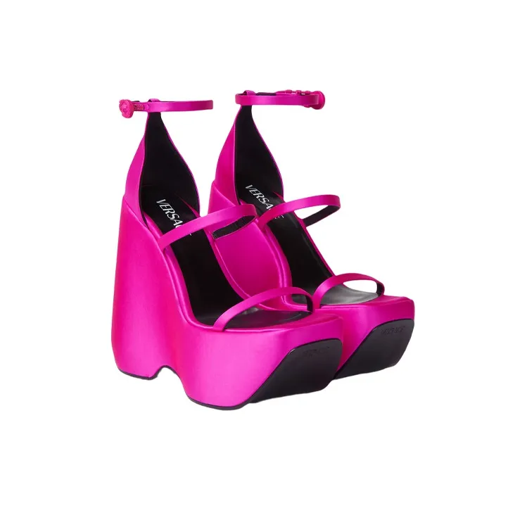 VERSACE 160mm Triplatform Sandals Deep Fuchsia Satin Women's-2