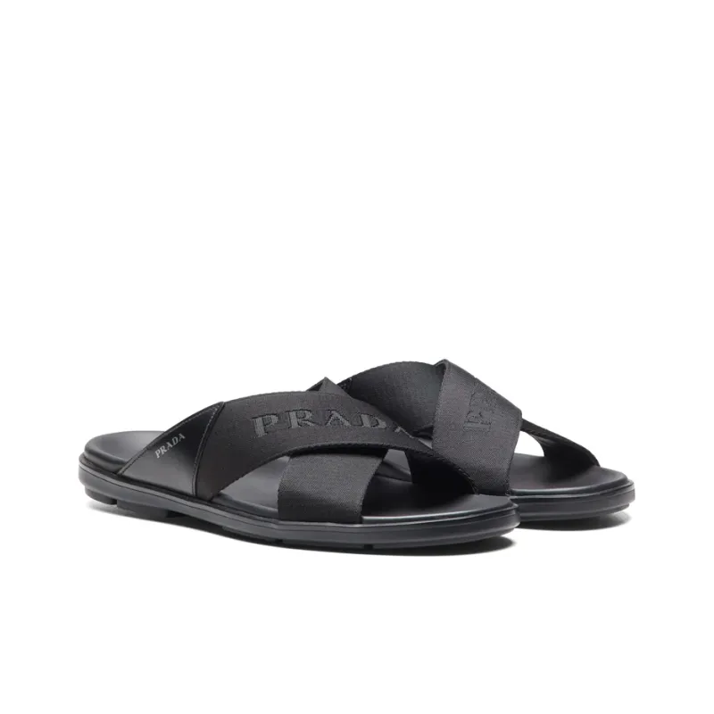 PRADA Nylon Tape Crisscross Slides Black Leather Men's-2