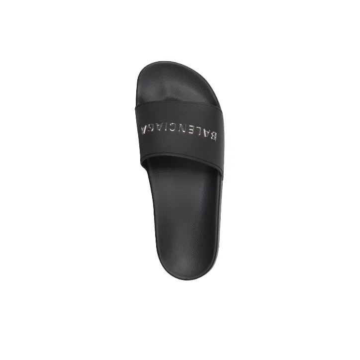 Balenciaga Pool Slides Black Chrome Logo-3