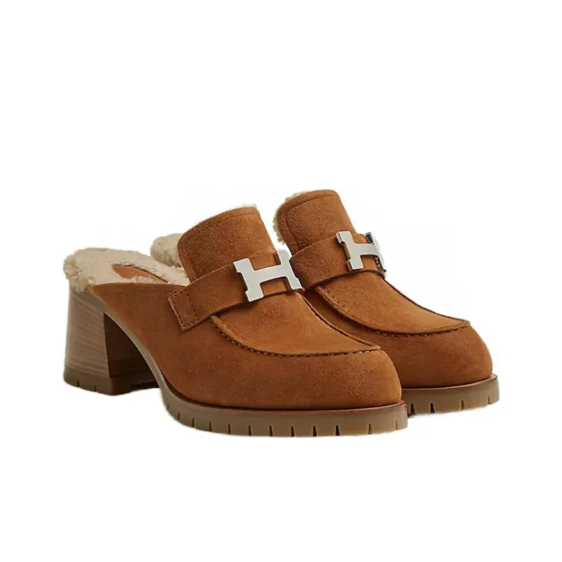 HERMES Abrasion Resistant Closed Toe Slippers 6cm Women's Brown-2
