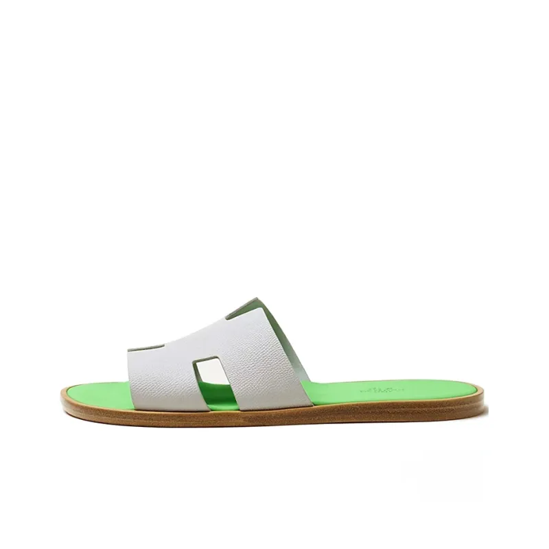 HERMES Izmir Sandal Gris Quartz Vert Fluo Epsom Calfskin Leather-0