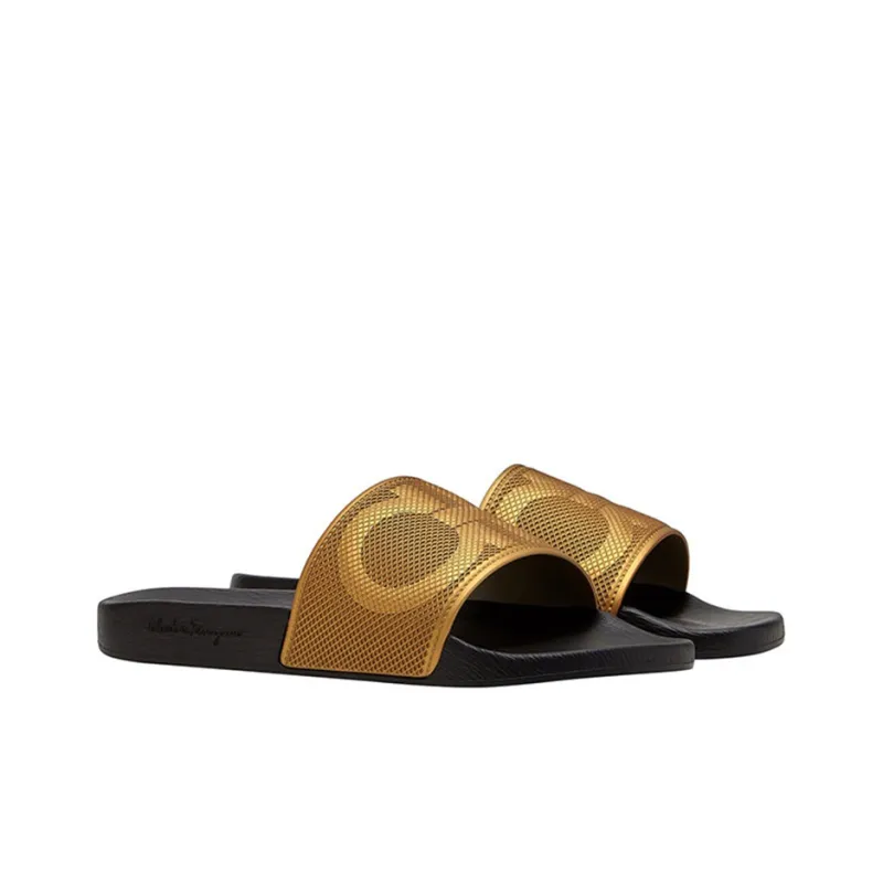 Ferragamo Gancini Slide Slippers Men Black Gold-1
