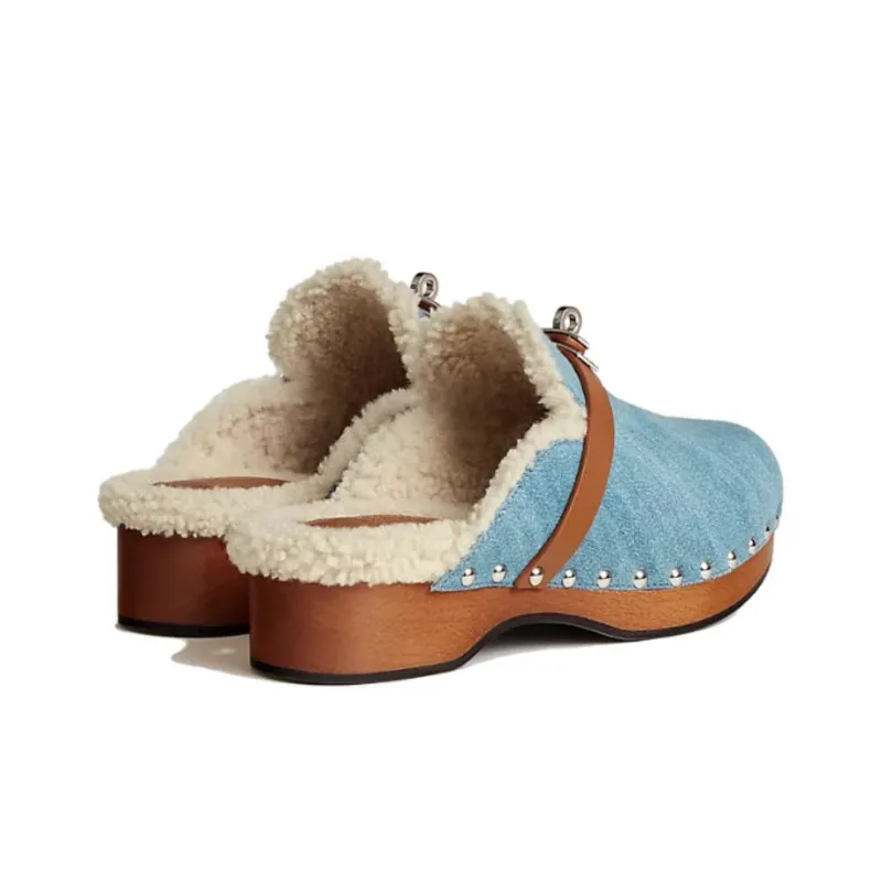 HERMES Carlotta Wrap-toe Slippers Women's Blue Claire-3