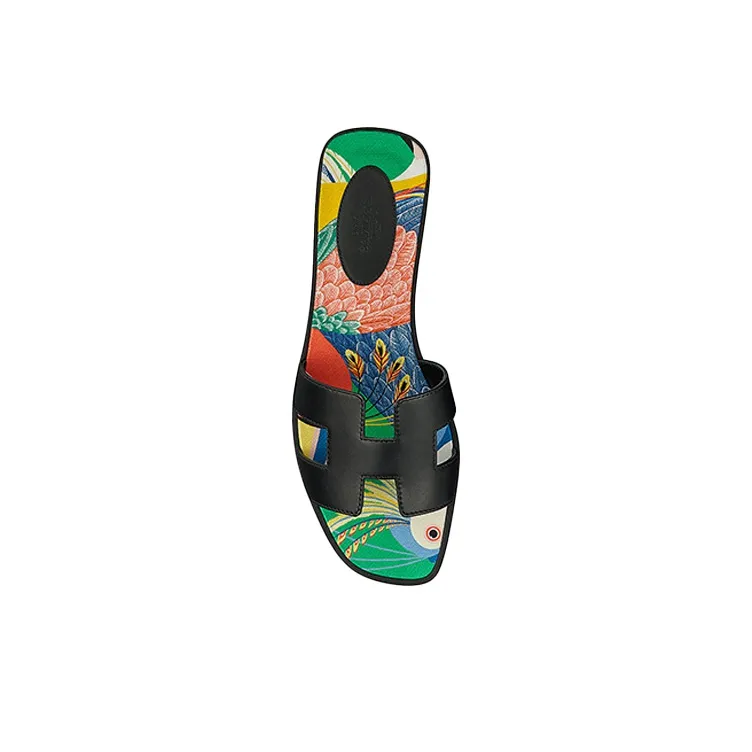 HERMES Oran Slide Slippers Women's Black Green-4
