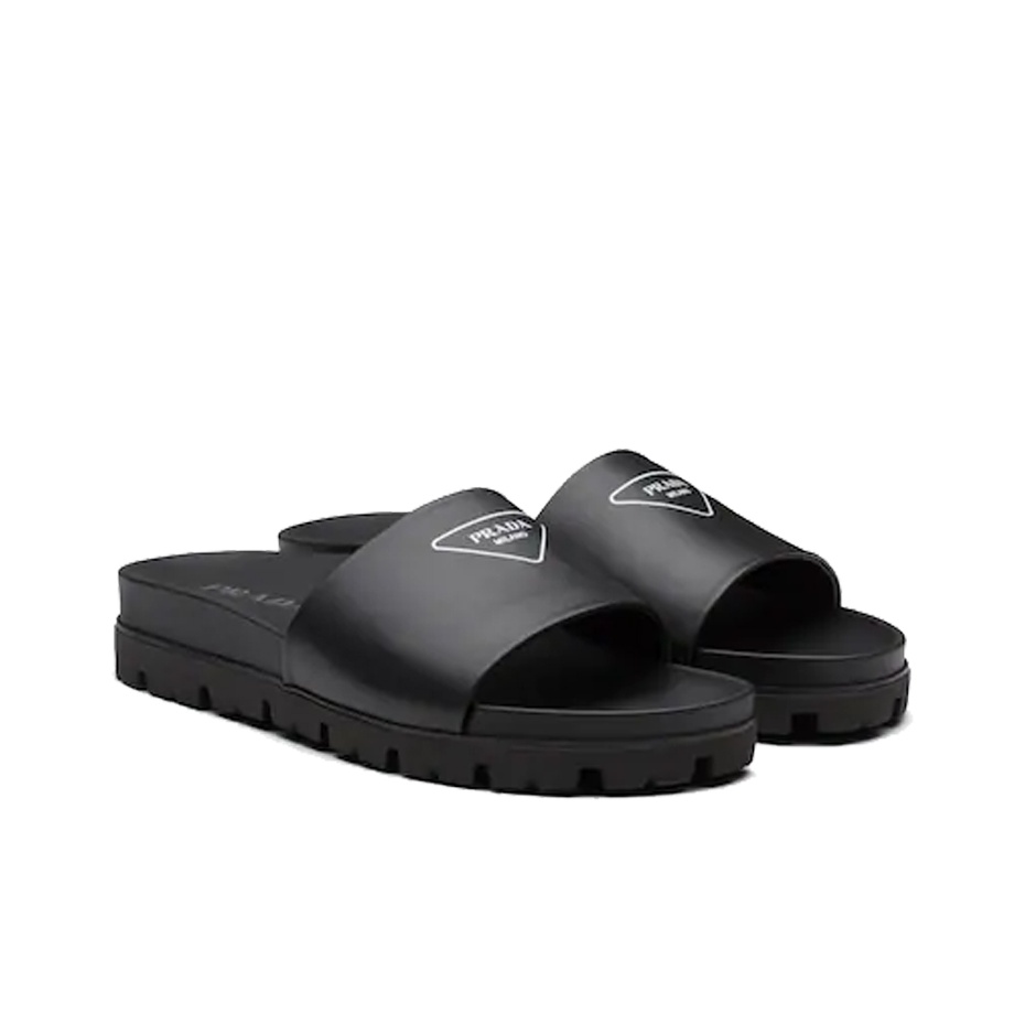PRADA Logo Slide Black Leather Men's - POIZON