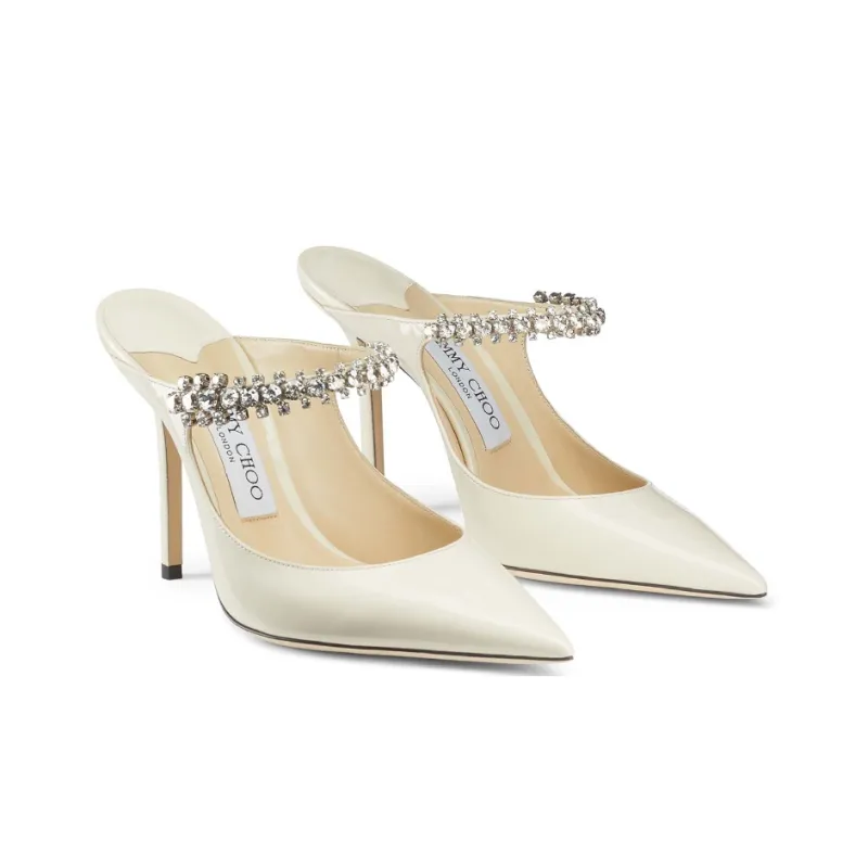 Jimmy Choo Linen White Bing 100 Crystal Anklet Patent Leather Mules-2