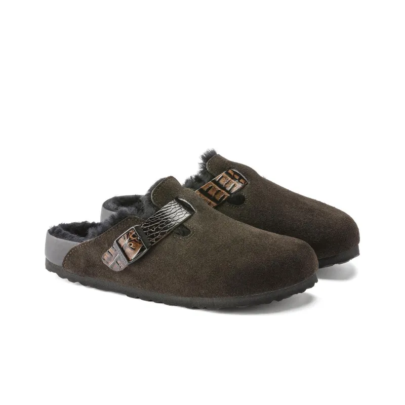 Birkenstock Boston Shearling Suede Reptile Embossed Strap Mocha Brown Black-2