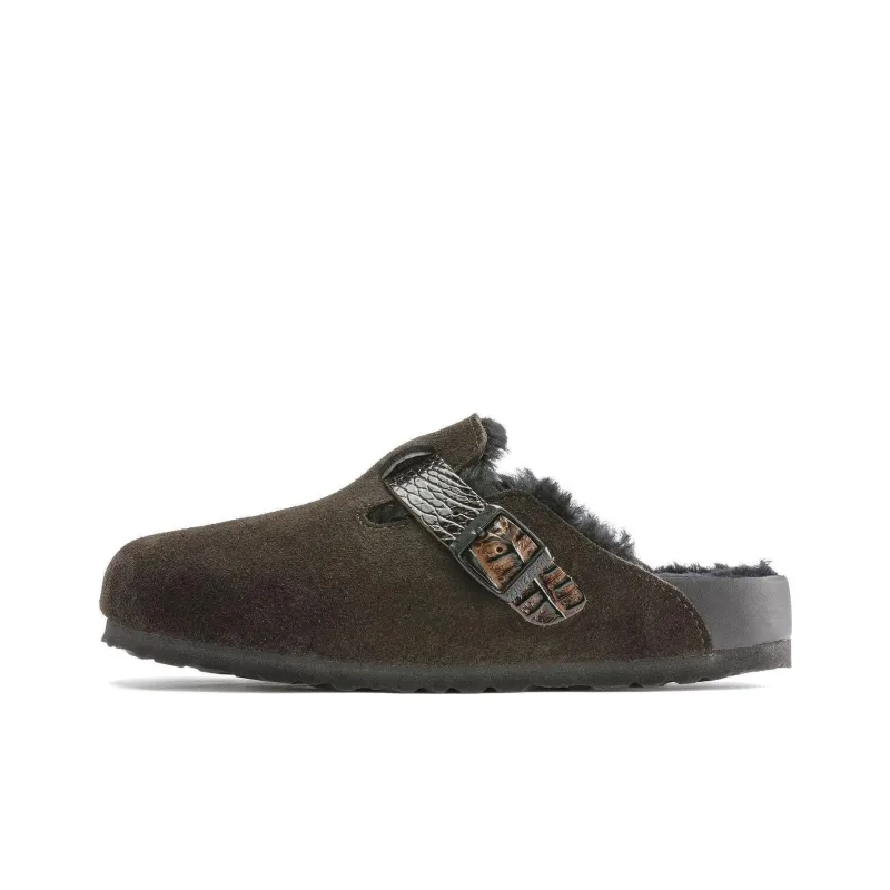 Birkenstock Boston Shearling Suede Reptile Embossed Strap Mocha Brown Black-0