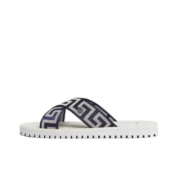 VERSACE Greca-Print Crossover-Strap Slide Navy White