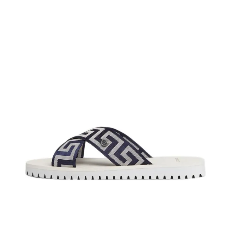 VERSACE Greca-Print Crossover-Strap Slide Navy White-0