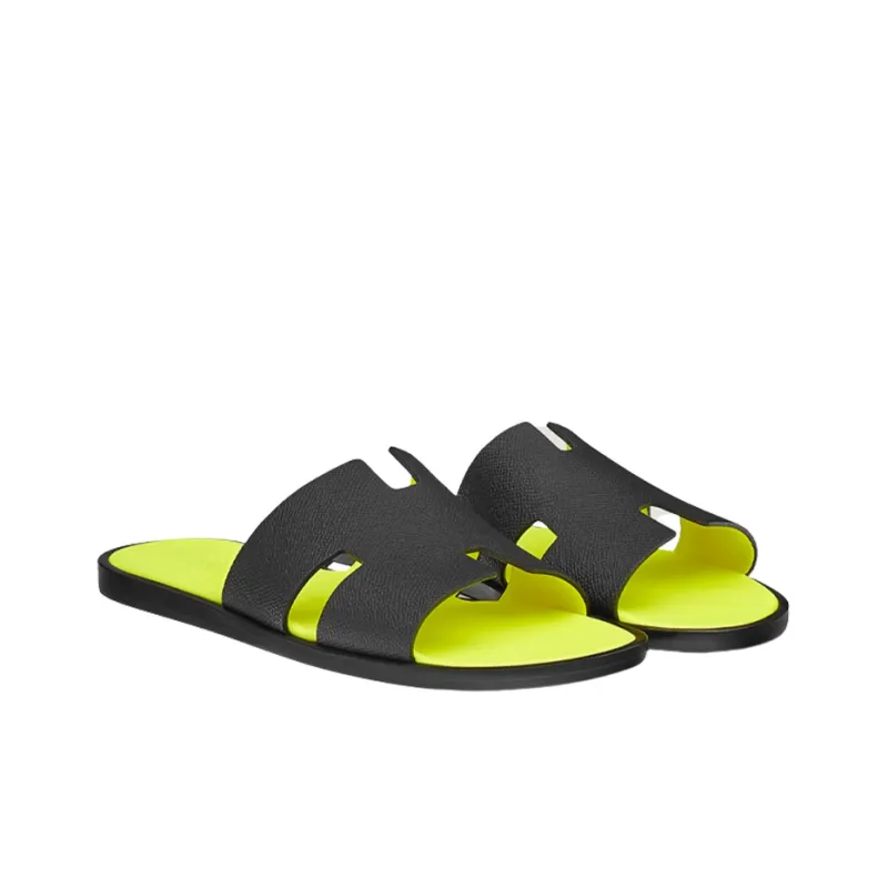 HERMES Izmir Sandal Noir Jaune Fluo Epsom Leather-2